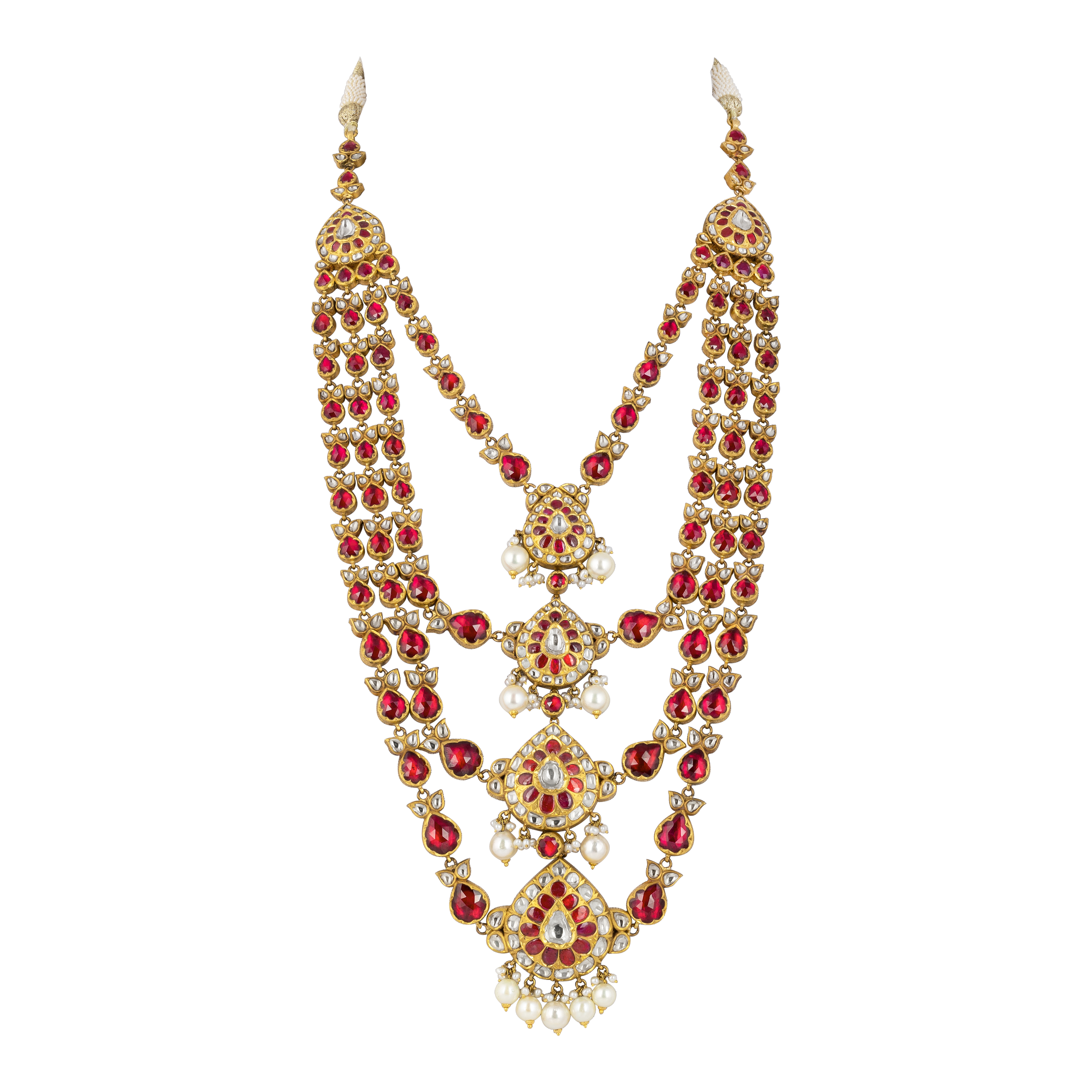 Quad Layer Necklace with Red Stones, Uncut Diamonds & Pearl Drops